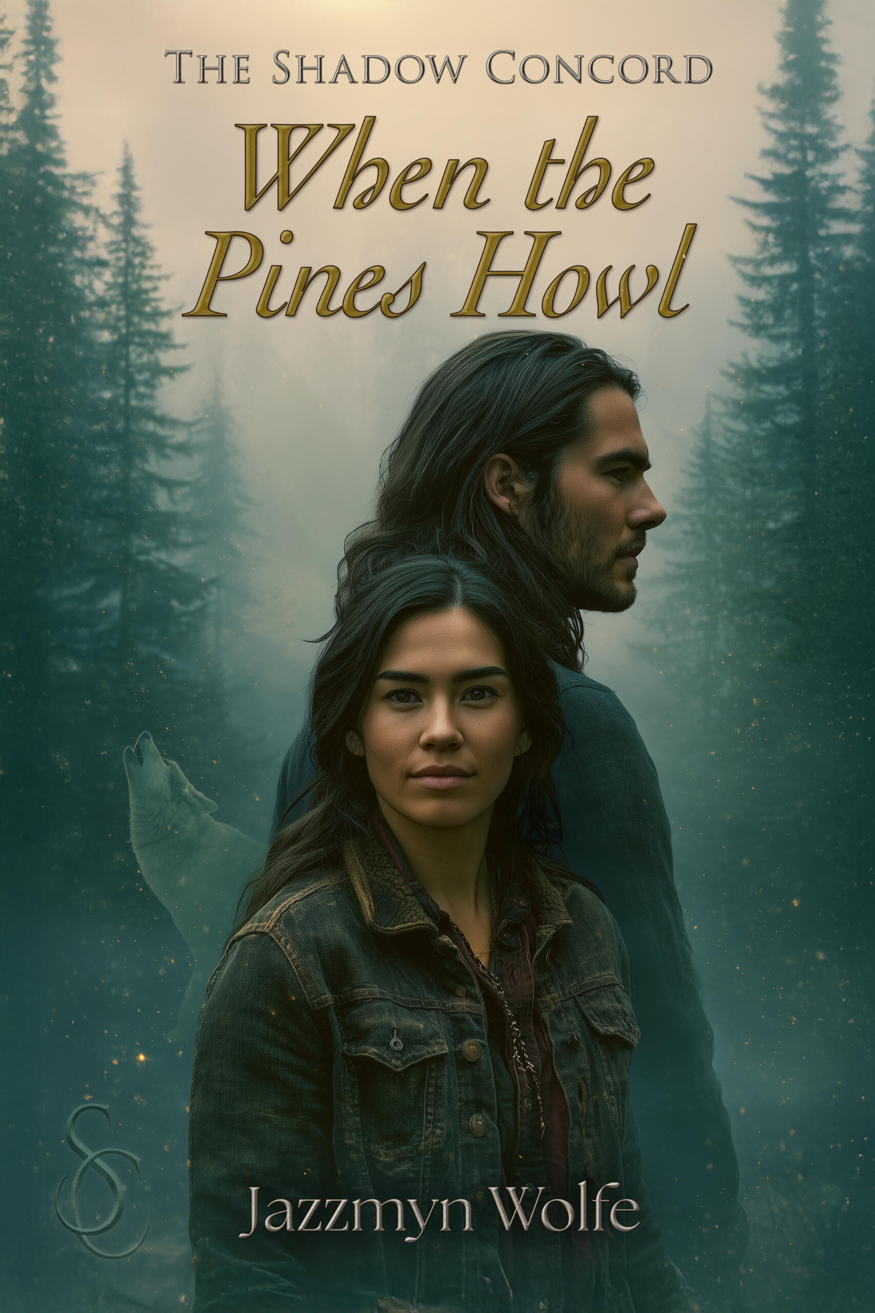 Book cover for When the Pines Howl by Jazzmyn Wolfe. A First Nations woman with long dark hair stands facing forward, while a caucasian man with shoulderlength dark hair stands behind her in profile, looking away. Behind them, a translucent wolf howls amid